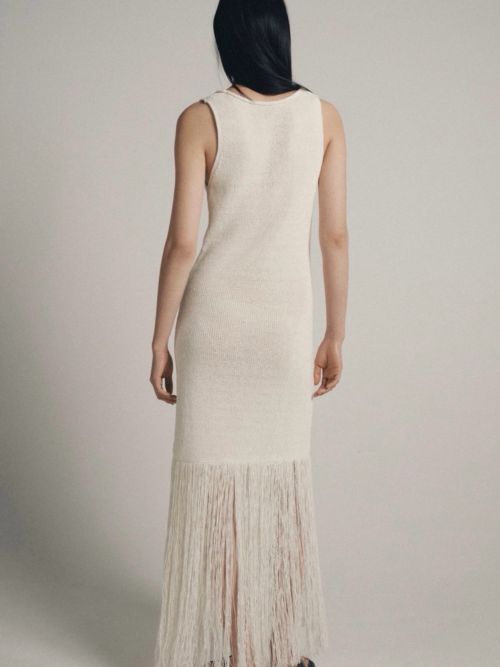 ZARA Sleeveless Cream Fringe Knit Maxi Dress - Picture 2 of 6
